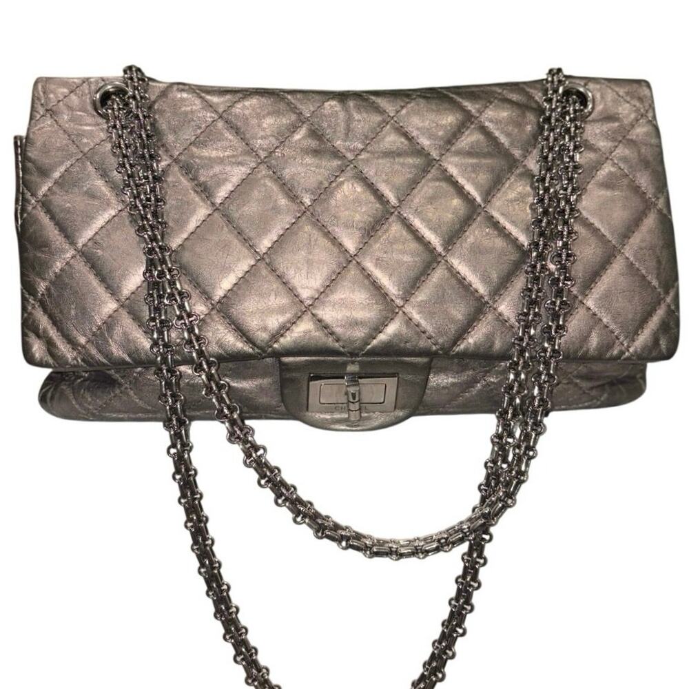 Chanel Reissue 2.25 227 Metallic Pewter Crinkle Lambskin Double Flap Bag COA